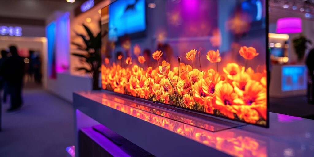 Transparenter Fernseher mit einer Blumenwiese darauf