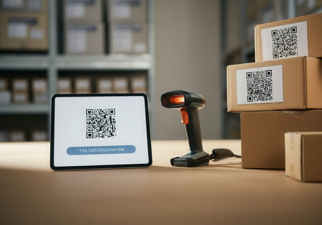 Tablet mit QR-Code, MDE Scanner und Kartons mit Barcodes in einem modernen Lager für digitale Bestandsführung