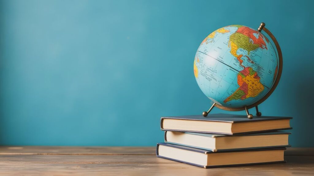 Ein Globus auf drei Schulbüchern vor blauem Hintergrund – Sinnbild für internationale Privatschule Berlin und weltweite Bildungswege