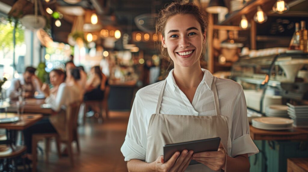 Eine freundliche Kellnerin in einem lässigen Schürze lächelt, während sie die Bestellungen der Kunden auf einem digitalen Tablet in einem lebhaften Restaurant aufnimmt.