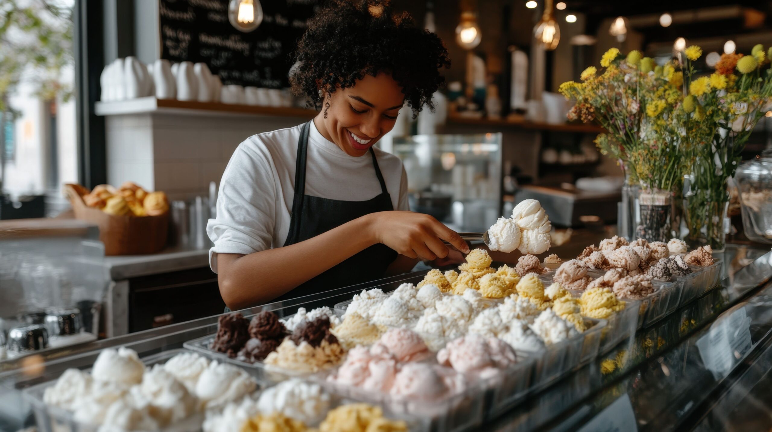 33 Geschmacksrichtungen Tag Junge afrikanische Frau richtet Gelato in einem gemütlichen Eiscafé ein