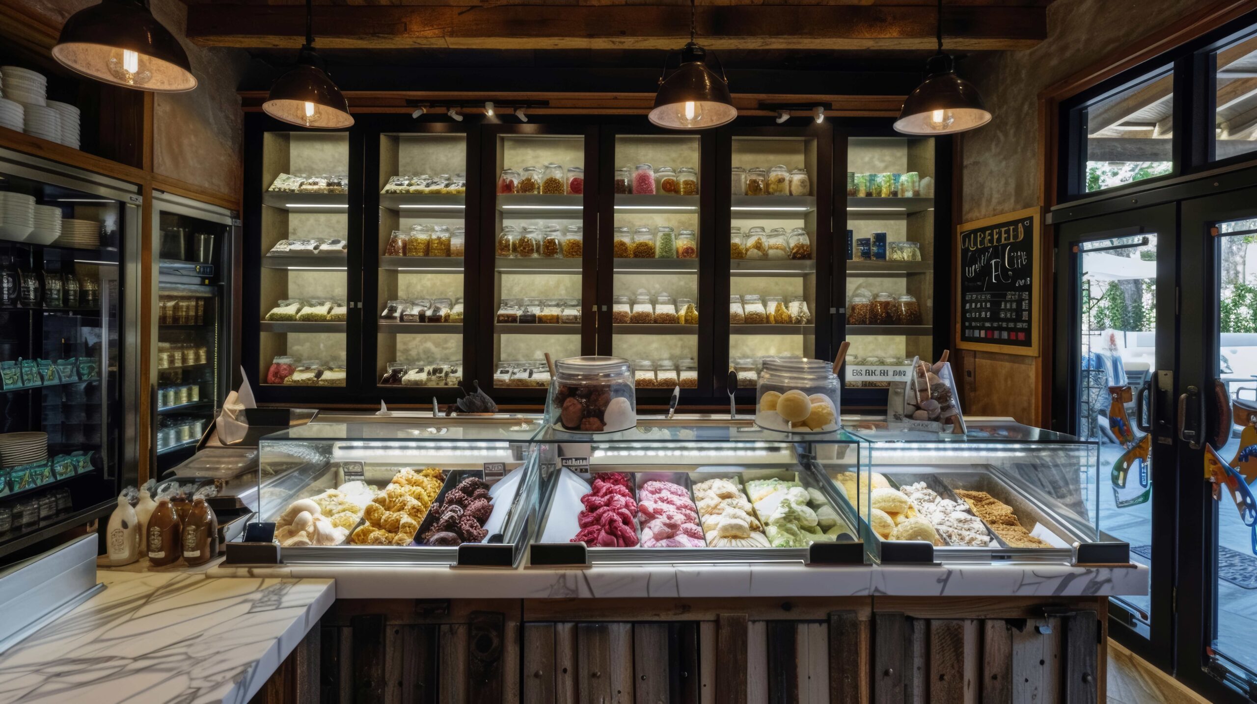 Innendekor eines modernen Eiscafés mit buntem, assortiertem Gelato. Urbaner Stil des Eisladeninneren mit Vintage-Beleuchtung und Holzelementen. Essen und Dessert.