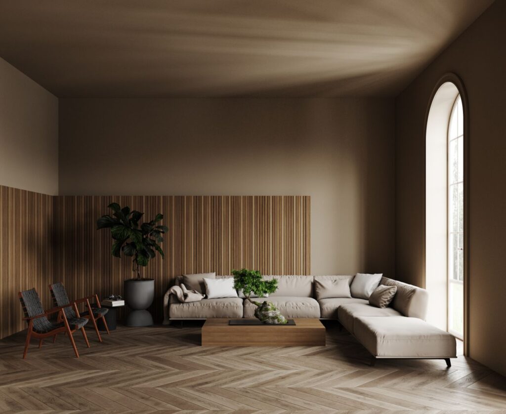 Helles Wohnzimmer mit Holzwand und Akustikpaneel für stilvolle Schalldaempfung und elegantes Raumgefuehl