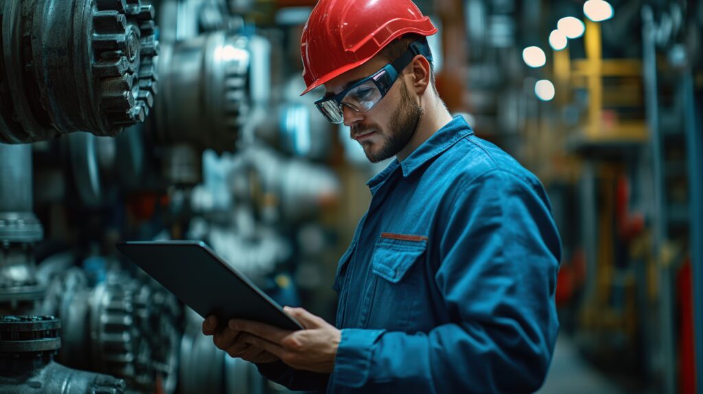 Ein Techniker prüft Produktionsdaten mit einem Tablet in einer Industrieanlage – Effizienzplanung im Sondermaschinenbau