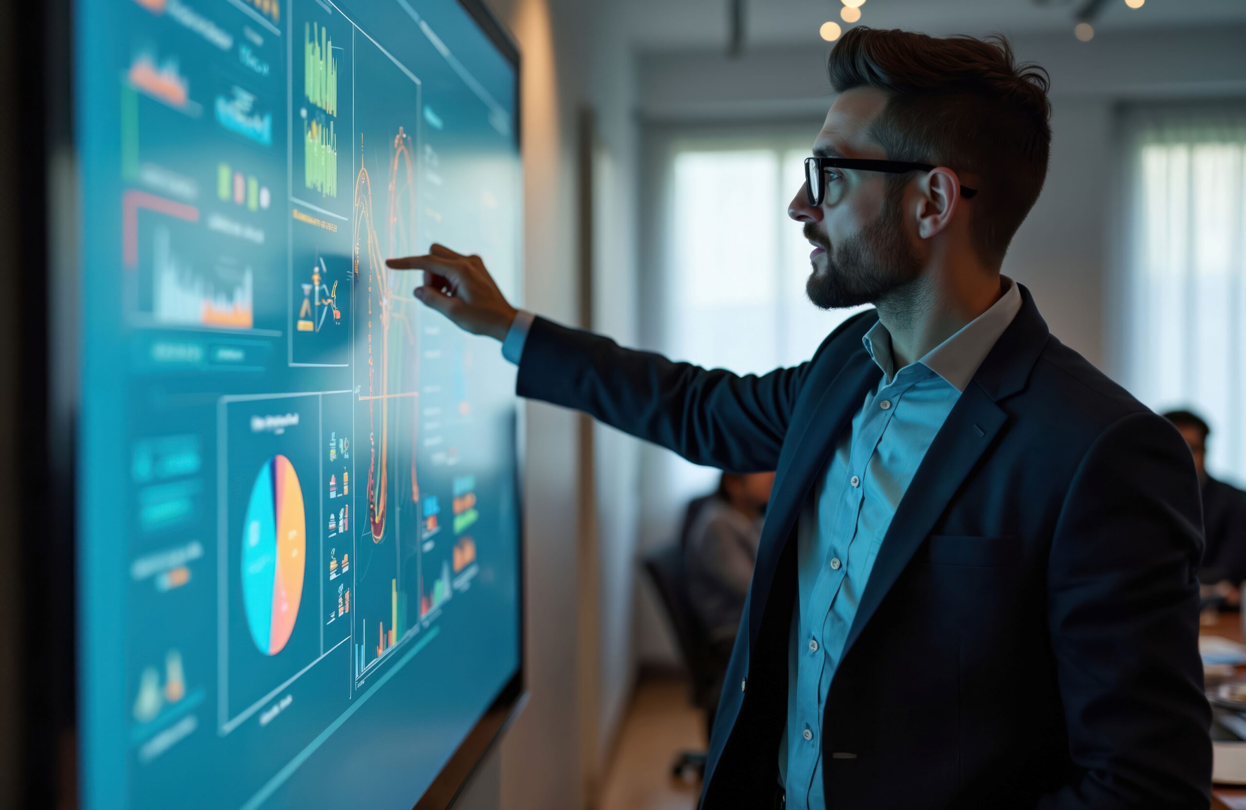 Manager analysiert technische Daten und Diagramme vor Projektumsetzung im Sondermaschinenbau