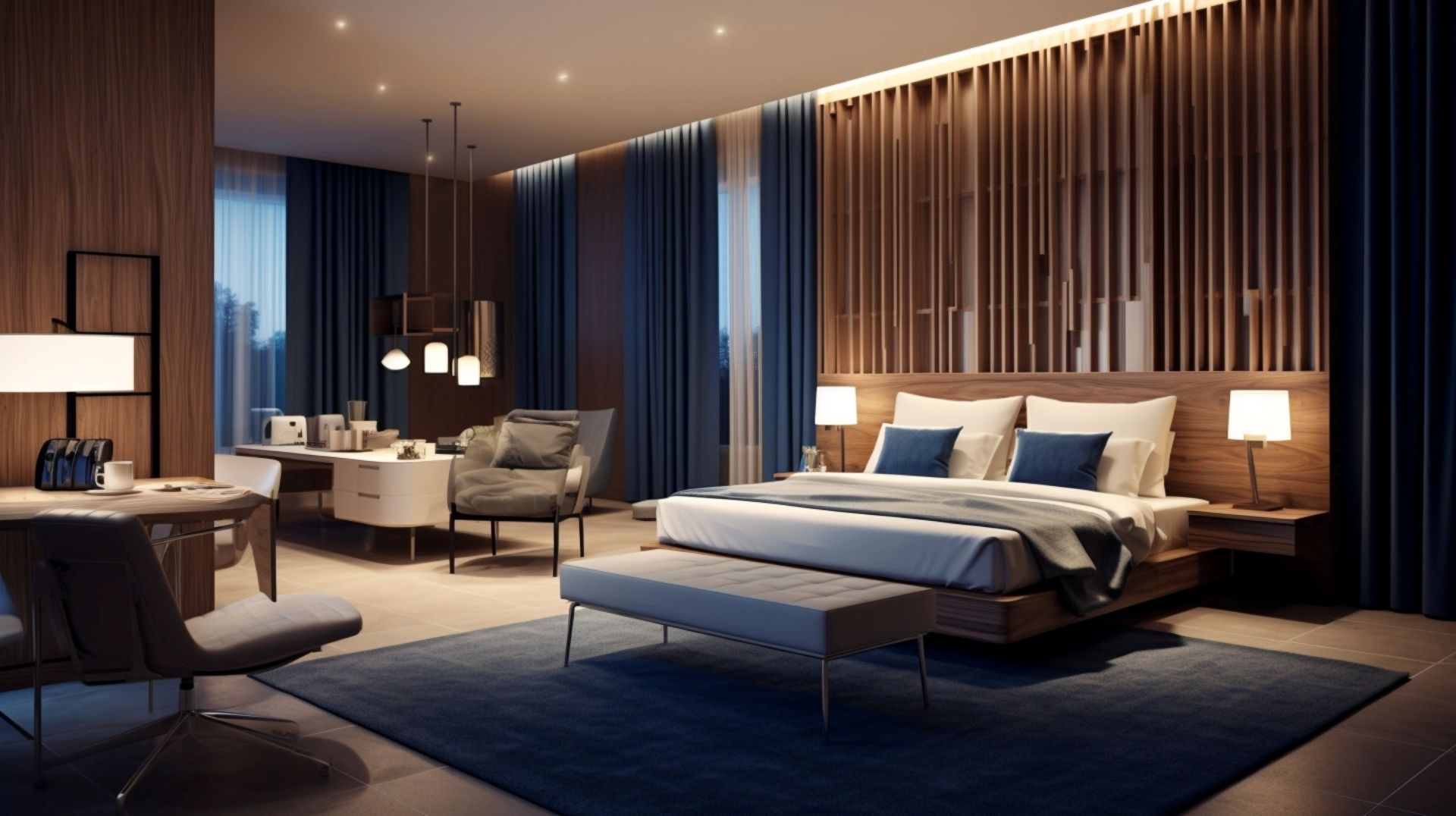 Modernes, stilvolles Hotelzimmer mit Schreibtisch und Sitzecke bei weichem Licht, perfekt für einen Escort Service von Amorette International
