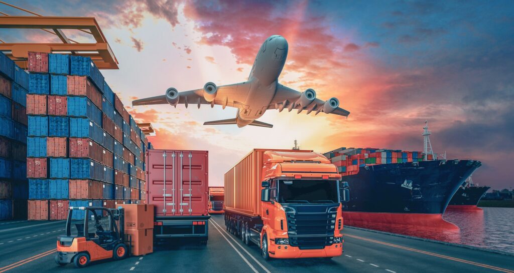 Containerhafen mit Flugzeug, Schiff und LKW | Fernlicht Zusatzscheinwerfer