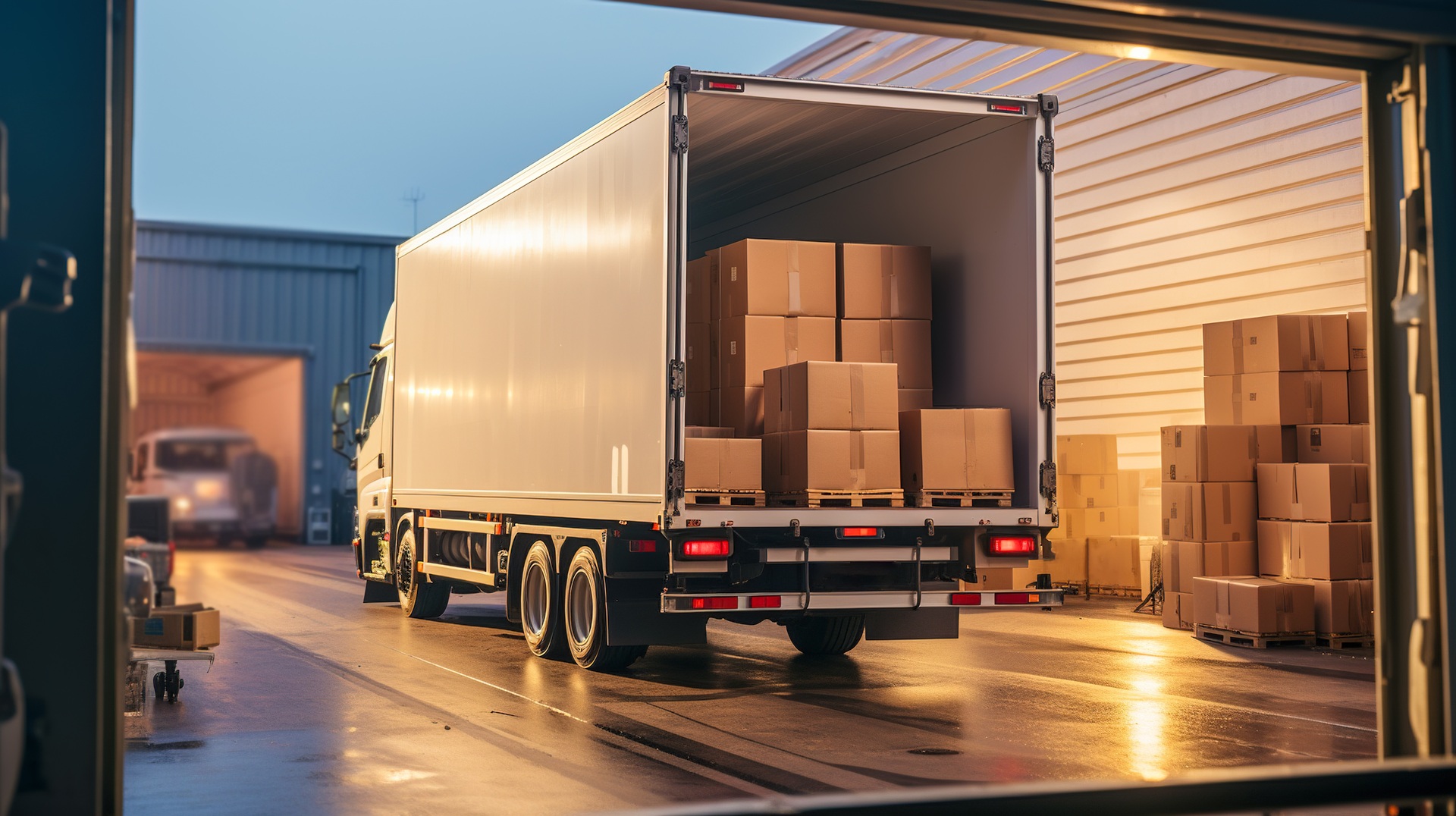 LKW wird mit Kartons beladen | Fernlicht Zusatzscheinwerfer