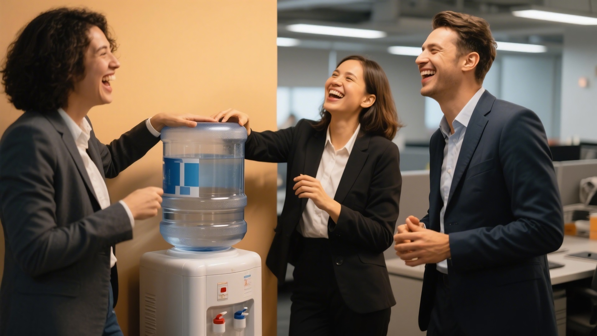 Drei Mitarbeiter lachen am Wasserspender | Osmose Wasserfilter