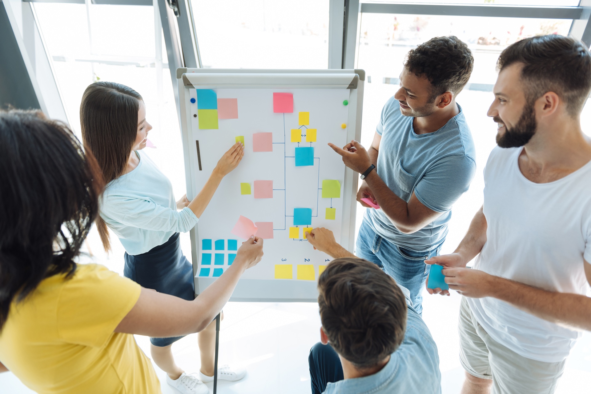 Gruppe entwickelt Ideen mit Haftnotizen | Flipchart