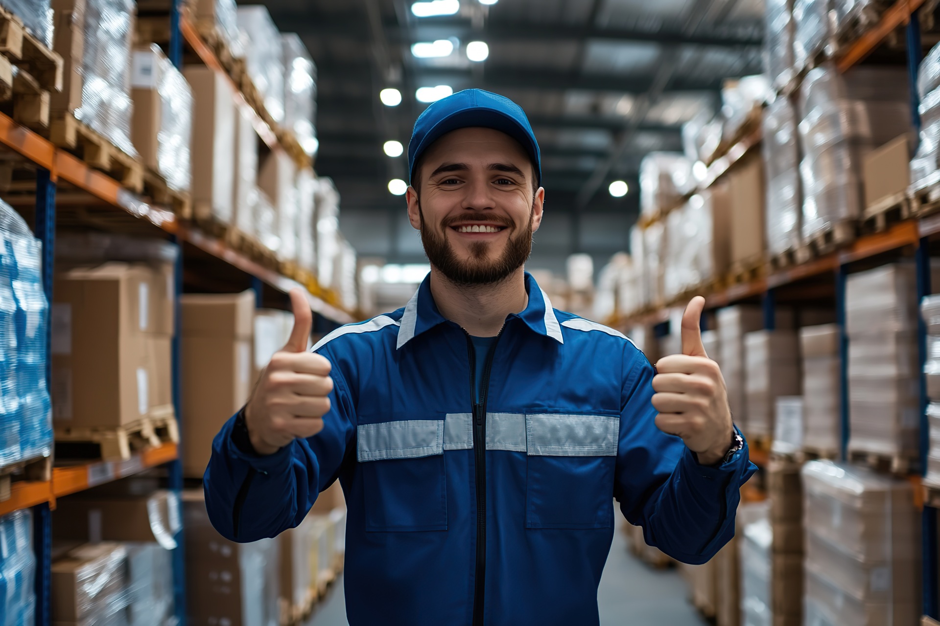 Lagerarbeiter zeigt Daumen hoch im Gang | Luftkissenmaschine